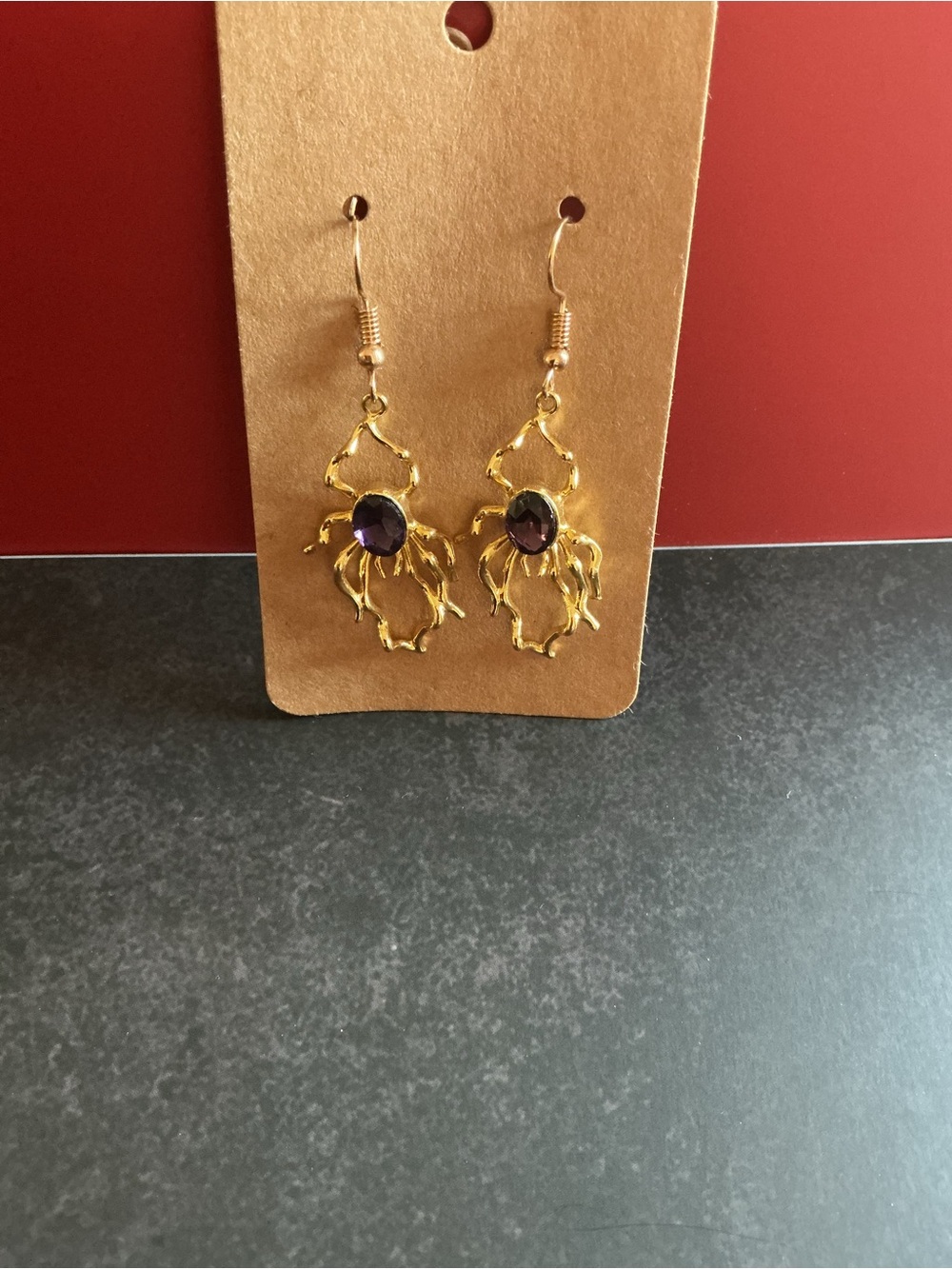 Gold Tone & Purple Spider Earrings